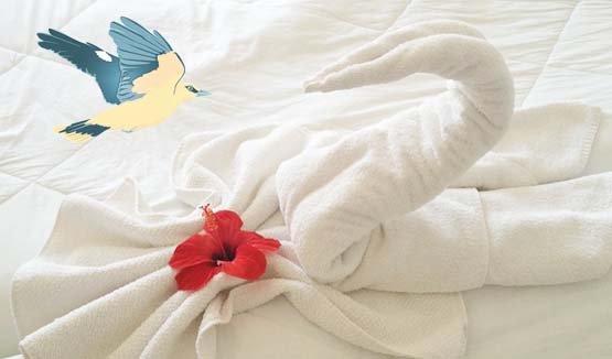 towel sculpture of a swan with red flower at our phuket holiday villa rental Oriole
