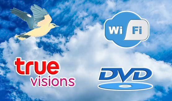 free wifi, true visions, dvd logo with villa oriole logo against a blue sky with clouds