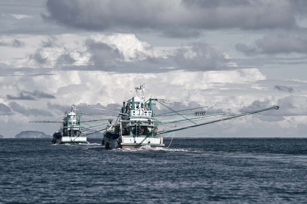 Squid boats heading out to the fishing grounds off the coast of Phuket against a tropical stormy sky displaying the long booms which hold the nets and lights used to attract squid